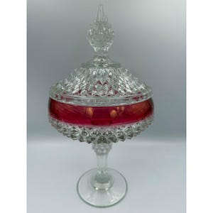 Vintage Indiana Glass Diamond Point Ruby Flash Covered Pedestal Candy Dish Lid