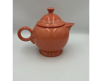 Fiesta Orange Glossy Ceramic Teapot w/ Lid, Solid Round 7in Impressed. Persimmon