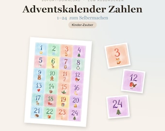 Printbare adventskalendernummers voor kinderen 1-24 | Stickers & labels | Zelfgemaakte kalender | Aquarel dieren | Direct downloaden