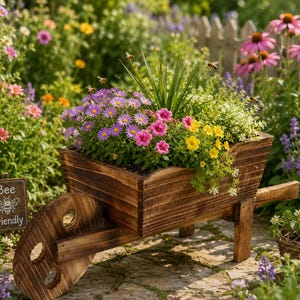 Pode incluir: Uma floreira de madeira rústica em forma de carrinho de mão cheia de flores roxas, rosas e amarelas, com acabamento em madeira escura e uma única roda. Uma pequena placa retangular próxima diz Bee Friendly com uma ilustração de uma abelha.