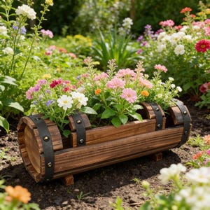 Può includere: Una fioriera orizzontale in legno a forma di mezza botte, caratterizzata da doghe in legno tinto marrone scuro tenute insieme da fasce metalliche nere con rivetti decorativi. La fioriera è riempita con piccoli fiori rosa, bianchi e arancioni.