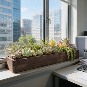May include: A rectangular dark brown wooden planter box filled with a variety of green, yellow, and purple succulents. The arrangement includes rosette-shaped plants and trailing string of pearls, all neatly planted in soil within the wooden container.