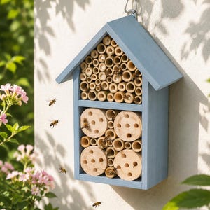 May include: A blue wooden bee house with a gabled roof, featuring a top section filled with hollow bamboo tubes and a bottom section containing four circular wooden blocks with drilled holes, suspended by a metal ring with bees flying nearby.