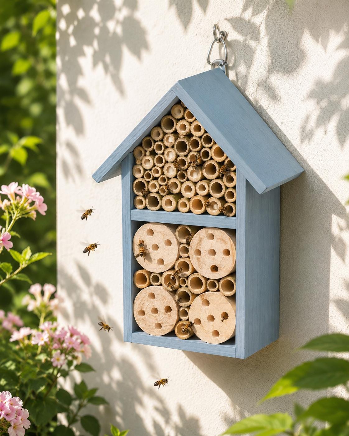 Wooden Bee Hotel Hanging Insect House for Garden Mason Bee Nesting Box Butterfly & Pollinator Habitat Wildlife Garden Decor
