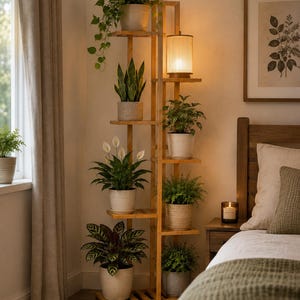 Op de afbeelding: Een hoge, meerlaagse plantenstandaard van bamboe met een verticaal frame en verschillende planken. De standaard bevat diverse groene potplanten en een cilindrische lamp met warm licht, gerangschikt in een verspringend ontwerp.