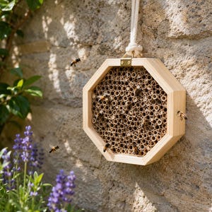 May include: An octagonal wooden bee house featuring a dense collection of hollow bamboo tubes for nesting. The structure is suspended by a thick white rope and is surrounded by several flying bees, with a natural light wood finish and metal hardware.