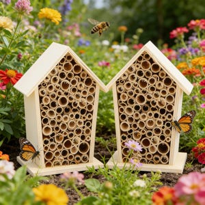 May include: Two light-colored wooden bee houses with peaked roofs, each filled with numerous hollow bamboo tubes of varying diameters. A honeybee is in flight above the structures, and two monarch butterflies rest on the sides of the houses.