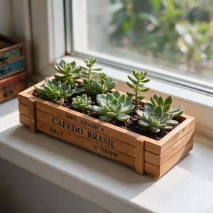Puede incluir: Una jardinera rectangular de madera que contiene varias plantas suculentas verdes. El lateral de la caja presenta un texto impreso en negro que dice 100% ARABICA, CAFEDO BRASIL, HAUT y N 73843W. La jardinera está llena de tierra y sobre un alféizar.