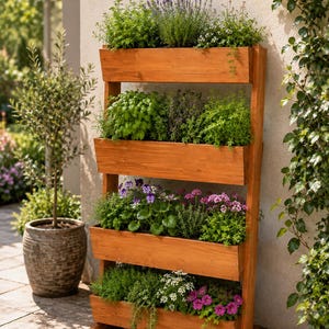 Peut inclure: Une jardinière verticale en bois avec quatre niveaux rectangulaires empilés, chacun rempli d'herbes vertes variées et de fleurs violettes, roses et blanches. La structure est en bois brun clair et posée sur une terrasse contre un mur.