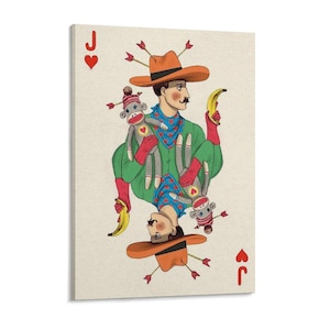 May include: A playing card illustration featuring a Jack of Hearts character wearing an orange hat and green clothing, holding a yellow banana and a sock monkey doll. The design includes red arrows, a blue patterned neckerchief, and red gloves.