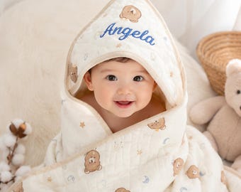 Asciugamano da bagno per neonati con cappuccio personalizzato, asciugamano trapuntato per neonati con ricamo del nome personalizzato, regalo per neonato, regalo per baby shower, morbido telo da bagno per neonati