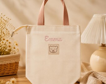Personalized Canvas Tote Bag with Bear Embroidery ,Minimalist Aesthetic Shoulder Bag ,Cute Everyday Shopping Bag