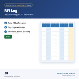 Pode incluir: Um modelo de planilha digital RFI Log para Excel com um cabeçalho azul com o texto RFI Log e Track every request for information. O layout inclui uma tabela de grade com colunas azuis e amarelas e uma lista de recursos, incluindo Auto RFI references, Days-open counter e Priority & status tracking.