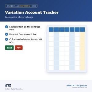Op de afbeelding: Een digitale Variation Account Tracker-sjabloon met een blauwe koptekst met de tekst Created by a UK Chartered QS MRICS, Variation Account Tracker en Keep control of every change. Het bevat een raster, vinkjes en Excel- en PDF-knoppen.