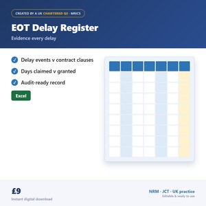May include: A digital EOT Delay Register template for Excel. The document features a blue header with the text 'EOT Delay Register' and 'Evidence every delay', a list of features with checkmarks, and a grid table with blue and yellow columns.