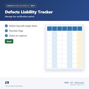 Może przedstawiać: Cyfrowy szablon arkusza kalkulacyjnego Defects Liability Tracker z niebieskim nagłówkiem i białym tekstem, listą funkcji obejmującą rejestry usterek, zielonym przyciskiem Excel oraz grafiką siatki z niebieskimi i żółtymi kolumnami.