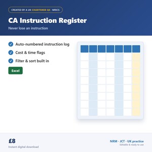 Op de afbeelding: Een digitaal CA Instruction Register spreadsheet-sjabloon met een blauwe koptekst met witte tekst, een lijst met functies waaronder automatisch genummerde logboeken, kosten- en tijdvlaggen, filteropties en een rasterafbeelding.
