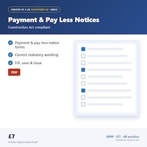 May include: A digital document template for Payment & Pay Less Notices, Construction Act compliant. Features include payment and pay-less notice forms, correct statutory wording, and fill, save, and issue capabilities. Includes a PDF icon and a checklist graphic.