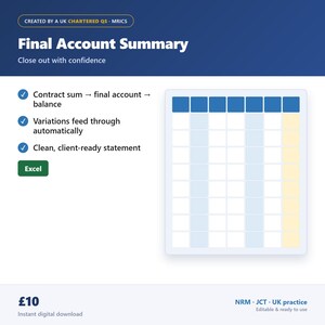 May include: A digital document titled Final Account Summary with a blue header, white text, and a grid graphic. It lists features including contract sum to final account balance, automatic variations, and a client-ready statement with an Excel button.