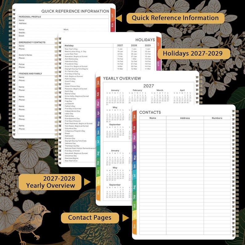 May include: A spiral-bound planner featuring multiple internal pages including Quick Reference Information, a Holidays list for 2027-2029, a 2027 Yearly Overview, and a Contacts section. The pages have colourful monthly tabs along the side edges.