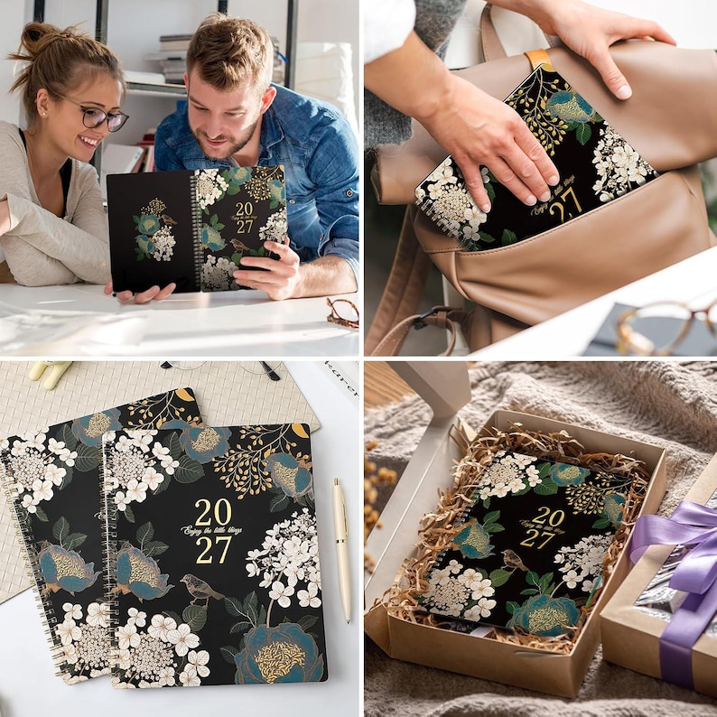 May include: A 2027 spiral-bound planner with a black cover featuring a floral pattern in teal, white, and gold, along with a small bird illustration and the text "20 27 Enjoy the little things" printed in gold on the front cover.