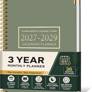 2027-2029 Monthly Planner, 3 Year Hardcover Spiral Bound Organizer (9" x 11")