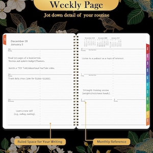 May include: A spiral-bound weekly planner open to a two-page spread. The header reads Weekly Page and Jot down detail of your routine. The pages feature dated sections from December 28 to January 3 with ruled lines, checkboxes, and a monthly calendar.