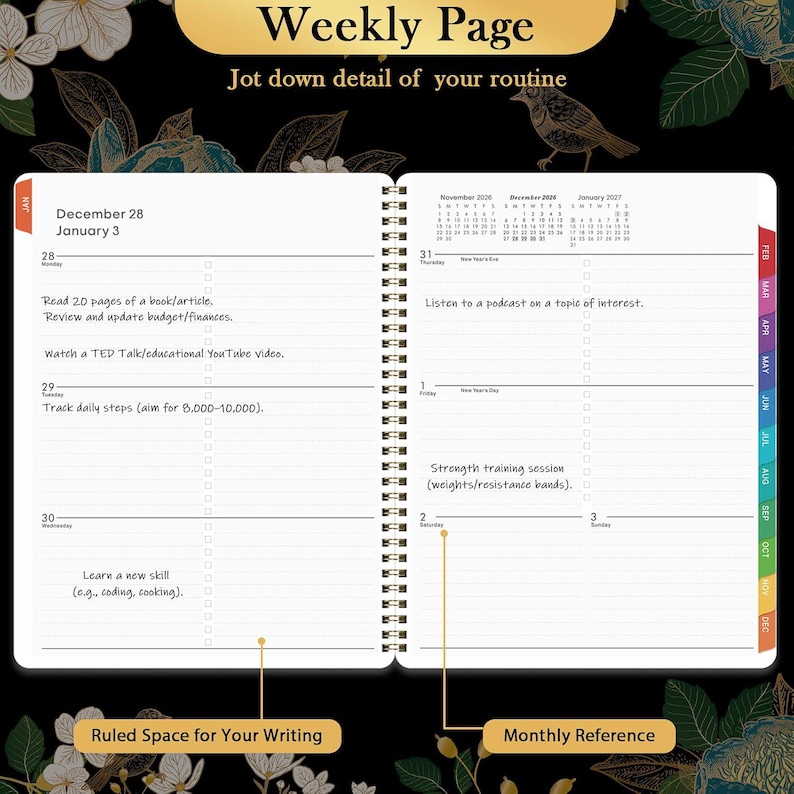 May include: A spiral-bound weekly planner open to a two-page spread. The header reads Weekly Page and Jot down detail of your routine. The pages feature dated sections from December 28 to January 3 with ruled lines, checkboxes, and a monthly calendar.
