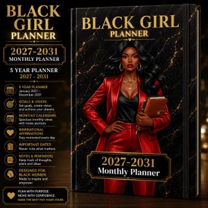 May include: A 2027-2031 monthly planner with a black and gold marble cover featuring an illustration of a person in a red suit holding a brown notebook. The text reads BLACK GIRL PLANNER, 2027-2031 MONTHLY PLANNER, 5 YEAR PLANNER, and 2027-2031 Monthly Planner.