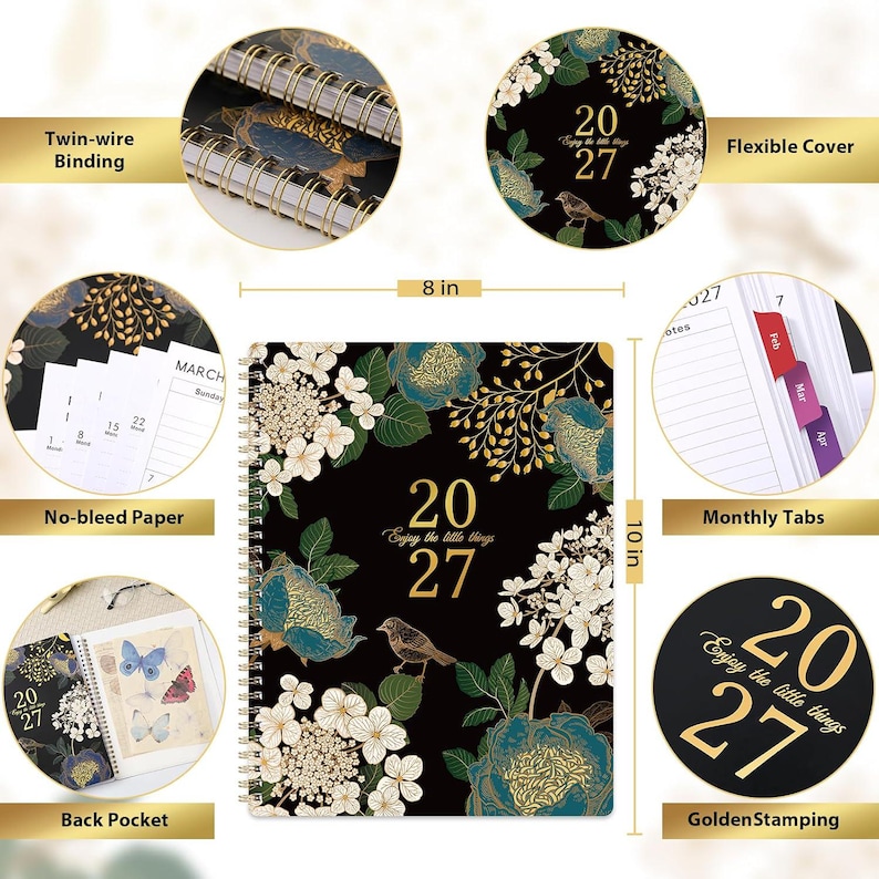 May include: A 2027 planner measuring 20.32 cm by 25.4 cm with a black cover featuring gold, white, and blue floral and bird illustrations. It includes twin-wire binding, monthly tabs, no-bleed paper, a back pocket, and golden stamping.