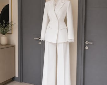 Modern Bridal Suit for Women | Pantsuit Wedding Outfit | Double Breasted Blazer | Wide Leg Trousers