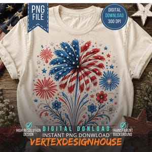 Puede incluir: Una camiseta de color crema con un gráfico central de un fuego artificial estilizado diseñado con los colores patrióticos rojo, blanco y azul. El diseño incluye formas de estrellas y elementos florales. El texto en la imagen dice PNG FILE, DIGITAL DOWNLOAD 300 DPI, HIGH RESOLUTION DESIGN, DIGITAL DOWNLOAD, INSTANT PNG DOWNLOAD y VERTEXDESIGNHOUSE.