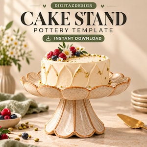 Peut inclure: Un présentoir à gâteau en céramique avec une finition crème mouchetée et des bords festonnés, supportant un gâteau au glaçage blanc garni de framboises, de myrtilles et de marguerites. Texte : DIGITAZDESIGN CAKE STAND POTTERY TEMPLATE.