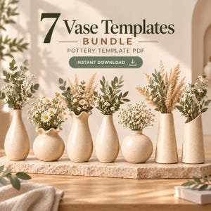 May include: A digital graphic displaying 7 Vase Templates BUNDLE POTTERY TEMPLATE PDF INSTANT DOWNLOAD. Seven beige speckled ceramic vases of varying shapes are arranged in a row, each filled with dried flowers, eucalyptus, and white daisies.