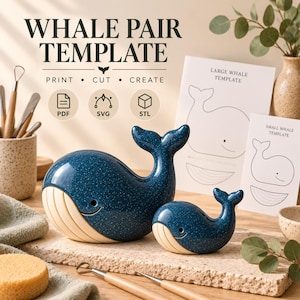 May include: A digital template set titled WHALE PAIR TEMPLATE with PDF, SVG, and STL icons. Includes two paper templates labeled LARGE WHALE TEMPLATE and SMALL WHALE TEMPLATE, alongside two glossy blue whale figurines with speckled finishes.