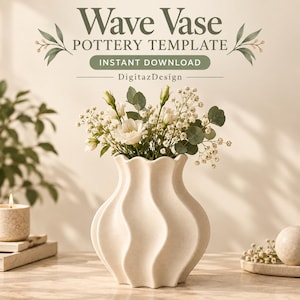May include: A white ceramic vase with a wavy, scalloped silhouette filled with white flowers and green leaves. The text reads Wave Vase POTTERY TEMPLATE INSTANT DOWNLOAD DigitazDesign. The vase has a matte finish and a wide, rounded base.