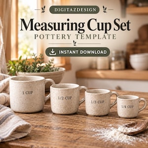 May include: A set of four speckled off-white ceramic measuring cups with handles, labeled 1 CUP, 1/2 CUP, 1/3 CUP, and 1/4 CUP. The text DIGITAZDESIGN Measuring Cup Set POTTERY TEMPLATE INSTANT DOWNLOAD is displayed above the cups.