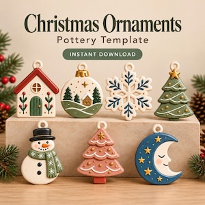 May include: A digital graphic titled Christmas Ornaments Pottery Template Instant Download featuring seven ceramic-style ornaments: a house, a round landscape, a snowflake, a tree, a snowman, a pink tree, and a crescent moon with a face.