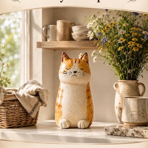 Könnte beinhalten: Eine digitale Vorlage für eine Töpferplatte in Katzenform mit dem Text Cat Slab Pottery Template, Digital Download, Instant Download und Beginner Friendly. Das Bild zeigt eine orangefarbene, getigerte Katzenfigur aus Keramik mit geschlossenen Augen.