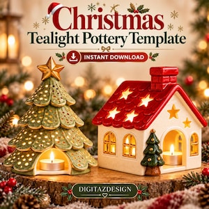 Könnte beinhalten: Ein Keramik-Weihnachtsbaum und ein hausförmiger Teelichthalter mit ausgestanzten Sternmustern. Der Baum ist grün mit einem goldenen Stern als Spitze. Das Haus hat ein rotes Dach und weiße Wände. Text: Christmas Tealight Pottery Template INSTANT DOWNLOAD DIGITAZDESIGN.