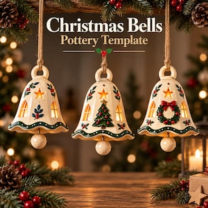 Puede incluir: Tres adornos de campana de cerámica color crema colgados de cordeles, con recortes y motivos navideños pintados que incluyen una estrella, un árbol de Navidad y una corona. El texto "Christmas Bells Pottery Template" aparece arriba.