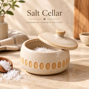 Peut inclure: Un saleron en céramique beige moucheté de forme ronde avec un couvercle assorti et une rangée d'indentations ovales en relief à la base. Le récipient est rempli de cristaux de sel blanc, avec le texte Salt Cellar HANDMADE CERAMIC POTTERY.