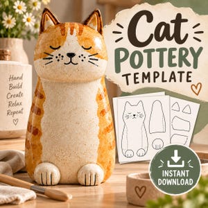 Op de afbeelding: Een oranje en wit gestreept keramieken kattenbeeldje met gesloten ogen en snorharen. Daarnaast liggen papieren sjablonen met kattenomtrekken en vormen. De tekst op de afbeelding luidt Cat POTTERY TEMPLATE en INSTANT DOWNLOAD met een icoon.