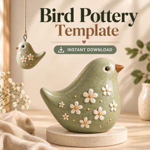Może przedstawiać: Grafika cyfrowa z tekstem Bird Pottery Template oraz Instant Download. Obraz przedstawia dwie ceramiczne figurki ptaków w kolorze szałwiowej zieleni, ozdobione białymi kwiatowymi aplikacjami i małymi złotymi kropkami, jedna wisząca, druga stojąca.