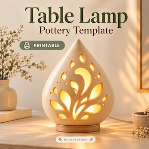 Op de afbeelding: Een druppelvormige keramische tafellamp met een gespikkelde beige afwerking en uitgesneden bladpatronen die een warme gloed uitstralen. De lamp staat op een ronde houten voet. Tekst: Table Lamp Pottery Template, PRINTABLE, DIGITAZDESIGN.