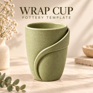 Puede incluir: Una taza de cerámica color verde salvia con un diseño envolvente distintivo en el exterior. El texto WRAP CUP POTTERY TEMPLATE aparece en letras marrón oscuro sobre la taza, la cual presenta un acabado mate y texturizado.