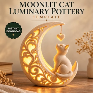 Może przedstawiać: Beżowa ceramiczna lampka w kształcie półksiężyca z wycięciami w serca i zawijasy, przedstawiająca kota siedzącego na dolnym łuku i patrzącego na wiszące serce. Tekst: MOONLIT CAT LUMINARY POTTERY TEMPLATE oraz INSTANT DOWNLOAD.