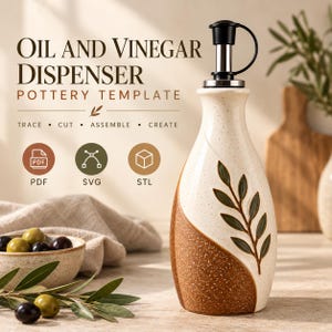 May include: An oil and vinegar dispenser pottery template with text reading OIL AND VINEGAR DISPENSER POTTERY TEMPLATE TRACE CUT ASSEMBLE CREATE PDF SVG STL. The dispenser is cream-colored with a speckled texture, a brown base, and a green leaf design.