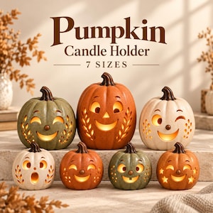 May include: Seven pumpkin candle holders in various colours including orange, green, and cream. Each features a unique carved face with cutouts for eyes and mouths, illuminated from within. The text "Pumpkin Candle Holder 7 SIZES" is visible.