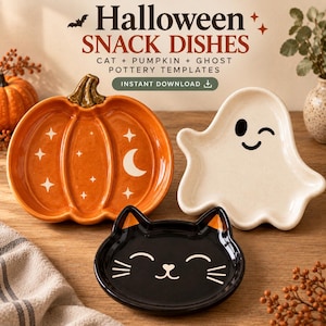以下が含まれることがあります： ハロウィーンデザインの陶器製スナック皿3枚。三日月と星が描かれたオレンジ色のカボチャ、ウィンクする顔の白いゴースト、ヒゲのある黒猫。テキスト：Halloween SNACK DISHES CAT + PUMPKIN + GHOST POTTERY TEMPLATES。